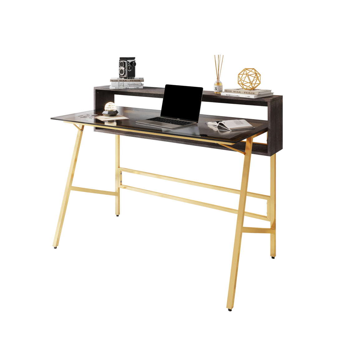 Techni Mobili Home Office Writing Desk With Riser, Gold Gold Writting Desk Office Modern Rectangular Rectangular Mdf Metal