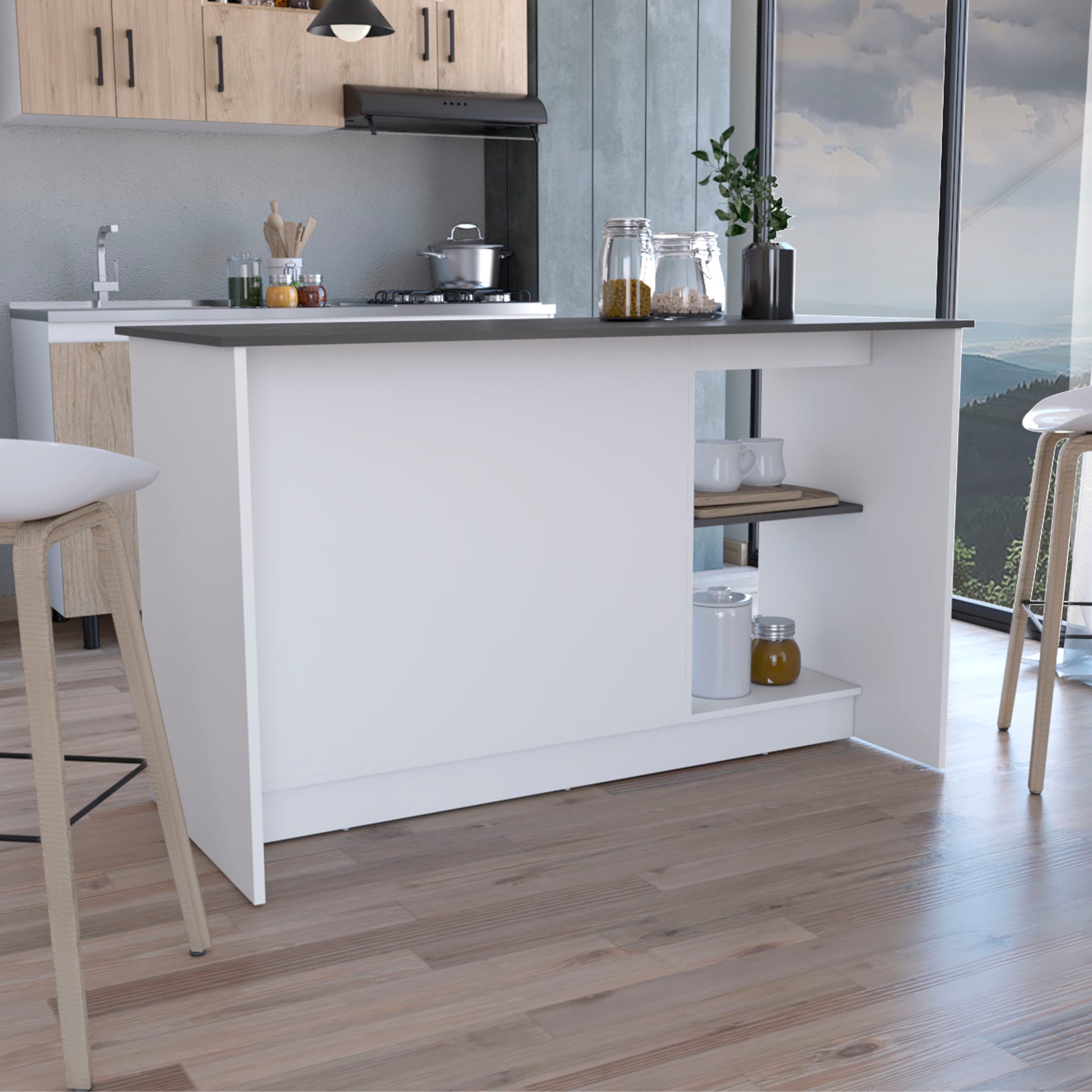 Juniper Kitchen Island With Large Top Surface, Double Door Cabinet, And Open Shelves Multi Particle Board