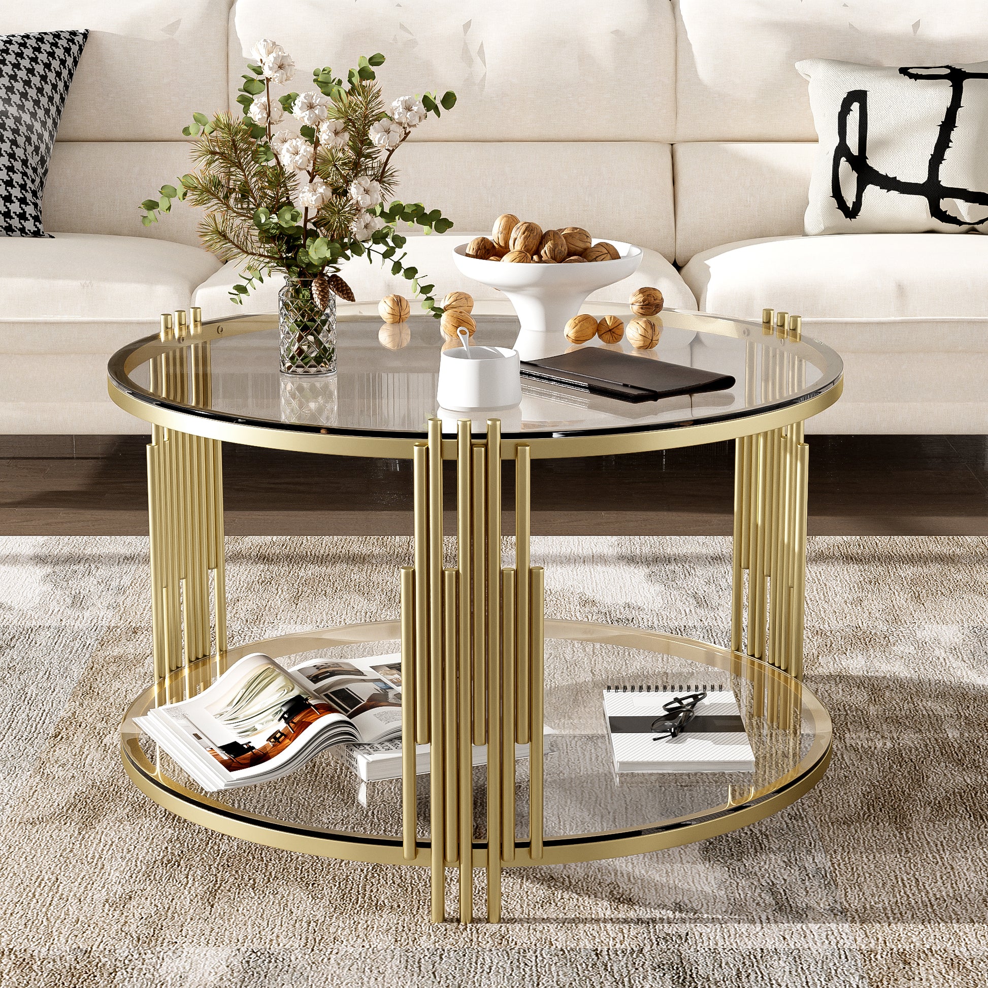 Modern Glass Coffee Table In 31.5", Asymmetrical Metal, Circular Metal Drum Base, Gold Finish & Lower Shelf Transparent Tempered Glass