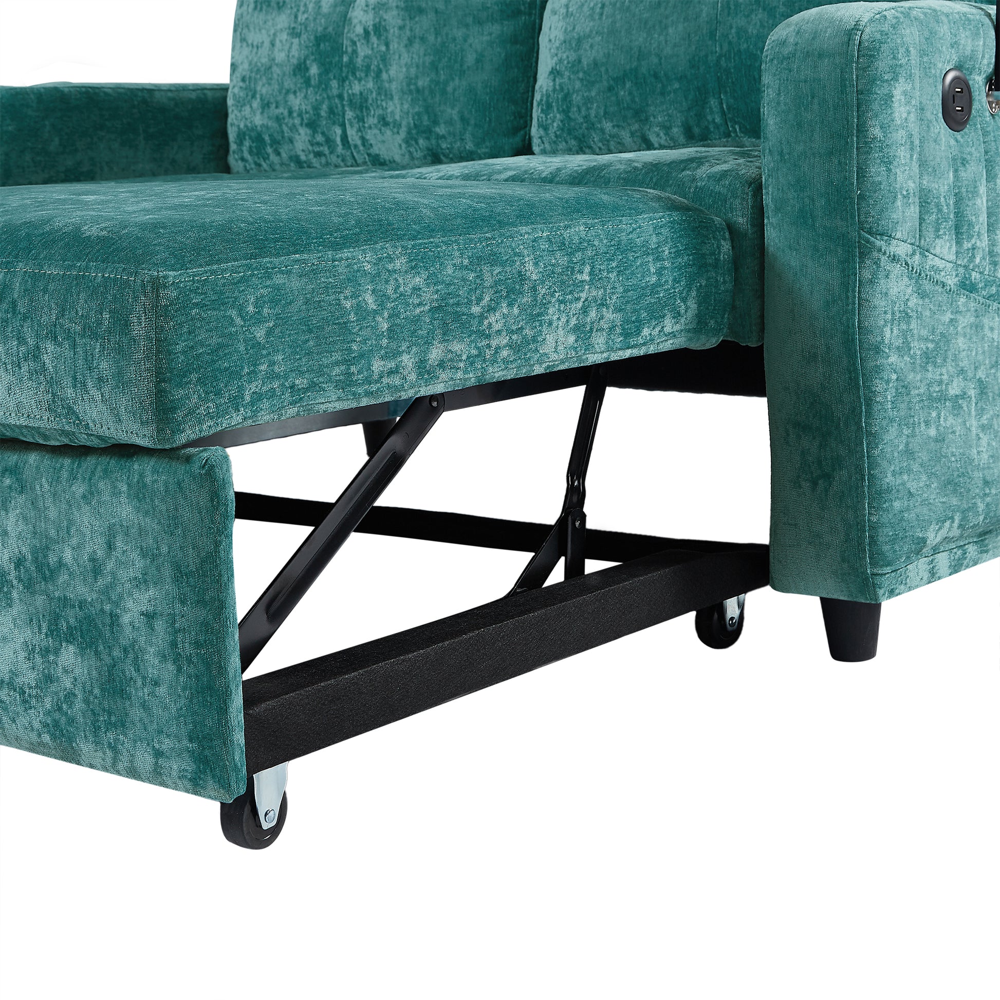 53.9" Modern Loveseat Pull Out Sofa Bed With Adjustable Backrest, Two Cup Holdersa Phone Holder, Three Charging Ports And Side Storage Pockets For Living Room, Teal Teal Foam Chenille