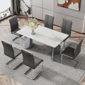 Modern Minimalist Dining Table. Imitation Marble Glass Sticker Desktop, Stainless Steel Legs, Stable And Beautiful. 6 Premium Pu Seats. 63 Inches * 35.4 Inches * 29.5 Inches Dt 69 C 1162 Silver Glass