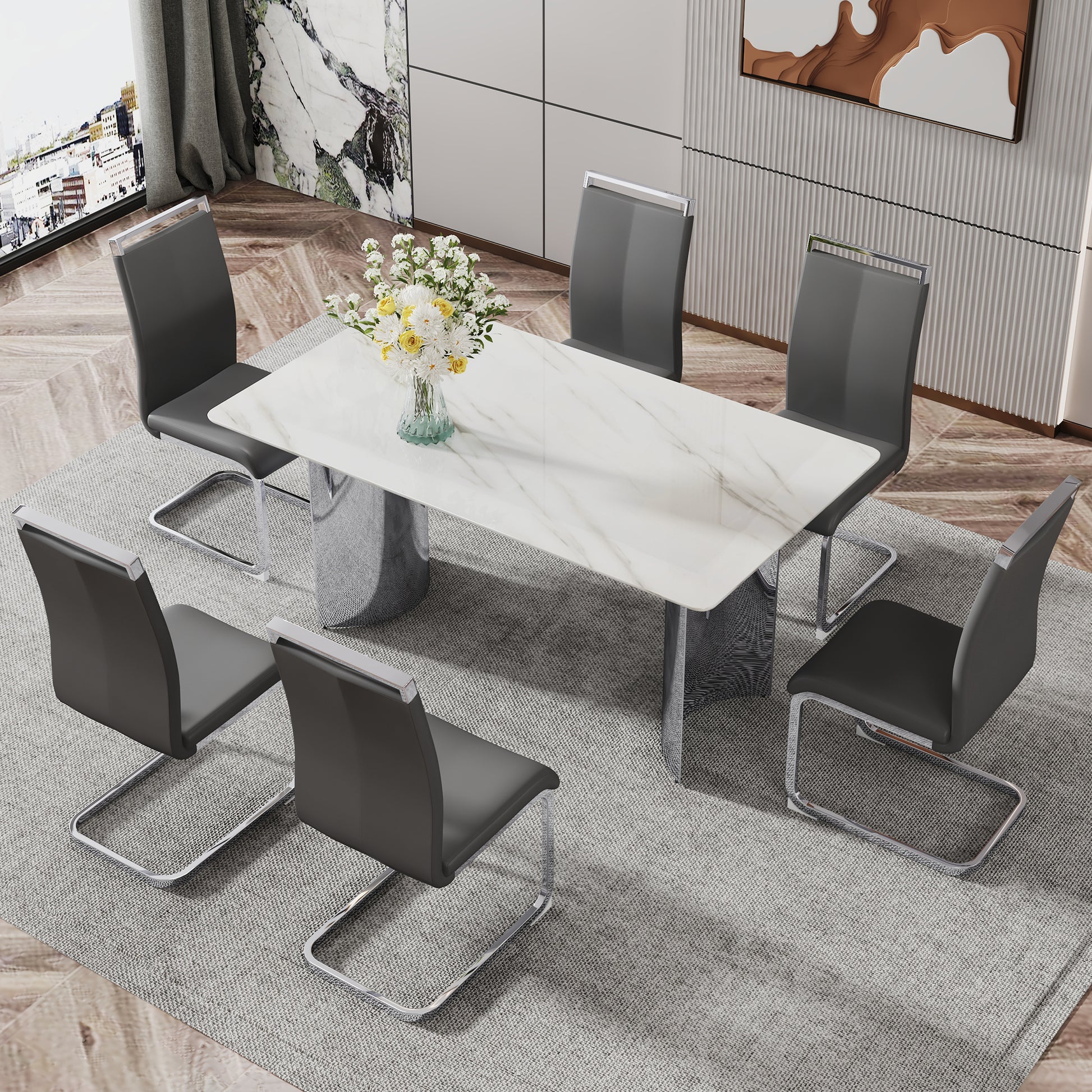 Modern Minimalist Dining Table. Imitation Marble Glass Sticker Desktop, Stainless Steel Legs, Stable And Beautiful. 6 Premium Pu Seats. 63 Inches * 35.4 Inches * 29.5 Inches Dt 69 C 1162 Silver Glass