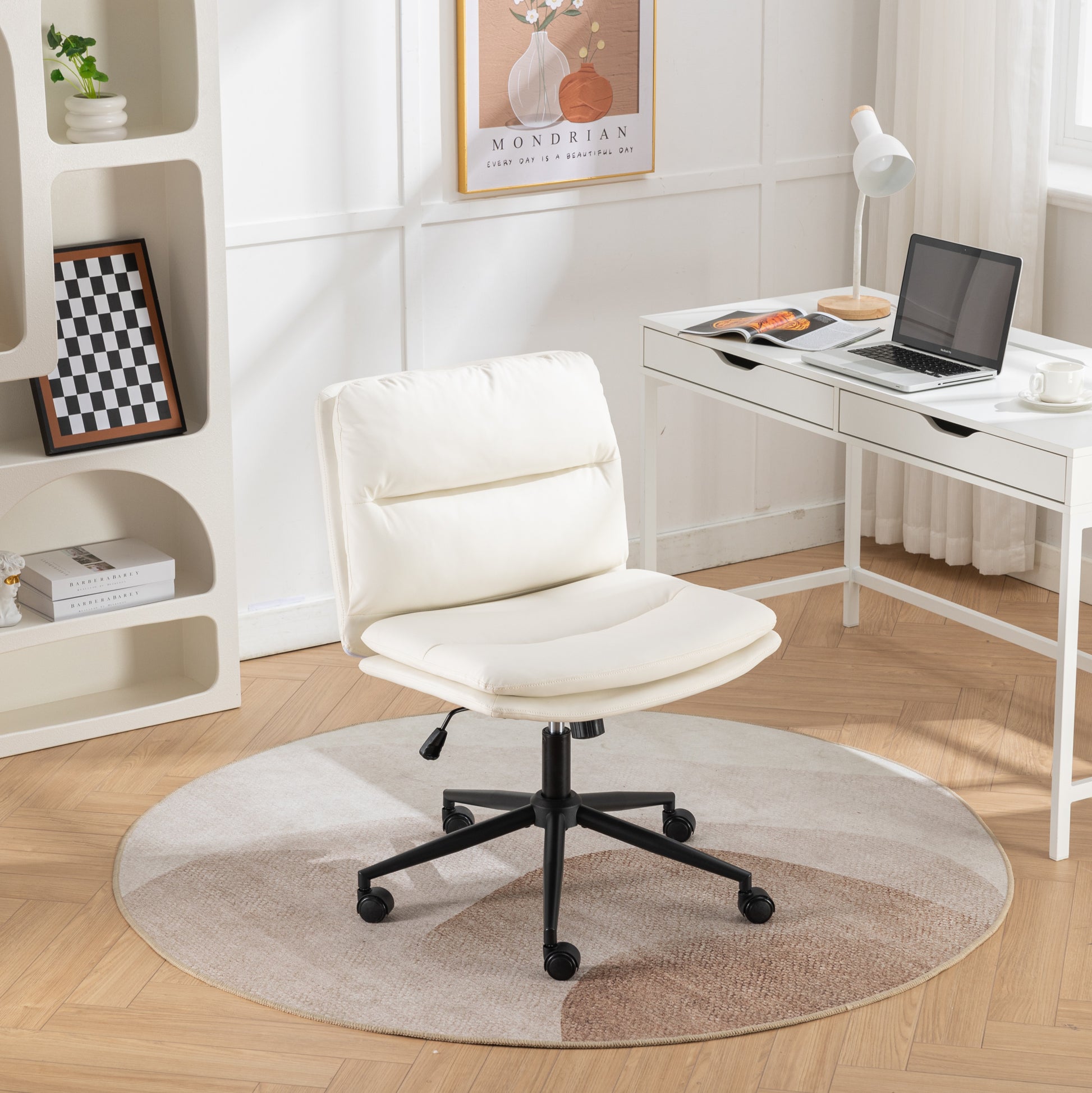 Bizerte Adjustable Swivel Criss Cross Chair, Wide Seat Office Chair Vanity Chair, White Caster Solid White Office Foam Spot Clean Contemporary Office Chairs Pu Leather Adjustable Height Iron