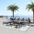 8 Piece Patio Sectional Sofa Set With Tempered Glass Coffee Table And Wooden Coffee Table For Outdoor Oasis, Garden, Patio And Poolside Light Grey Cushion Black Steel Light Grey Iron