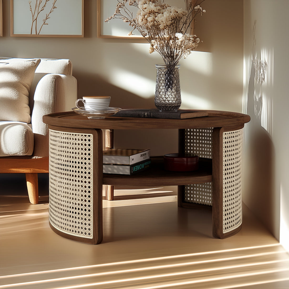 2 Tiered Round Walnut Wood Coffee Table With Storage Rattan Base In 31.3'' Walnut Rubber Wood