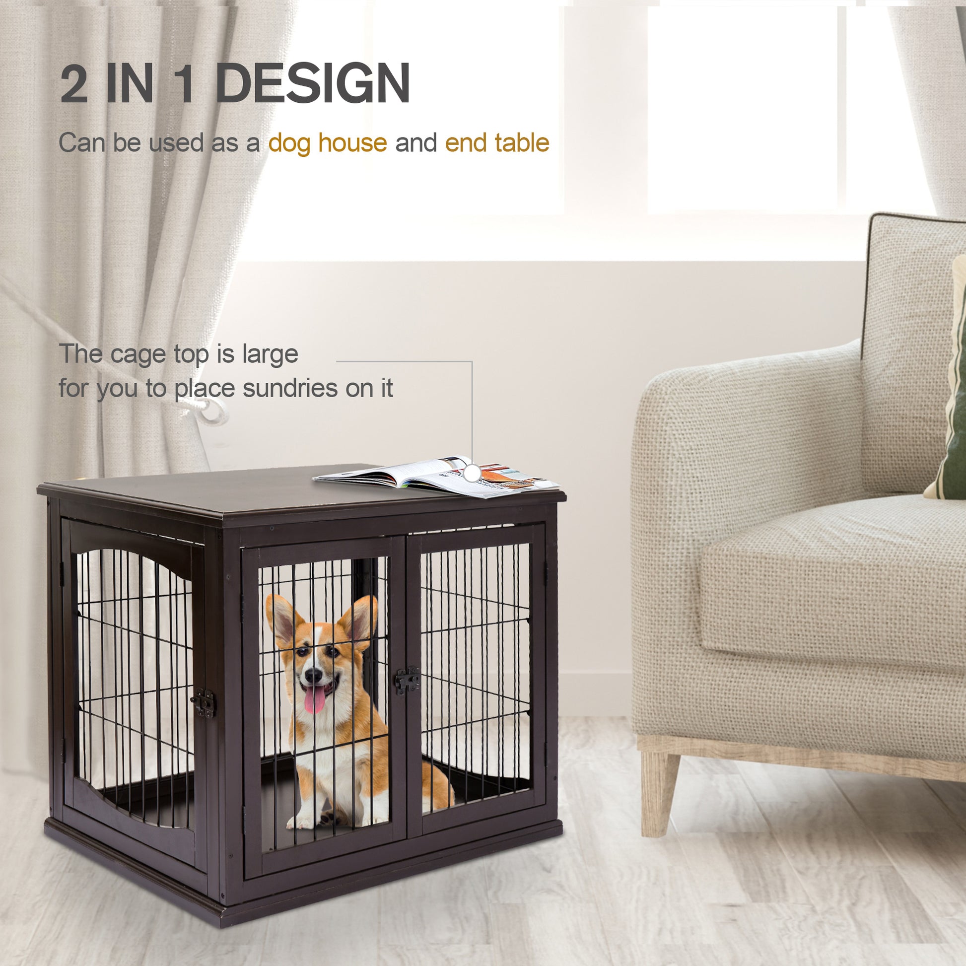 Pawhut Dog Crate Furniture, Small Dog Cage End Table With Two Opening Sides, Lockable Door, Puppy Kennel Indoor, Cute And Decorative, Coffee Dark Brown Mdf