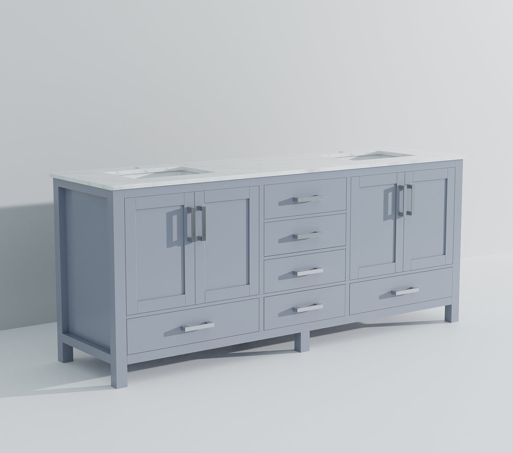 Dark Grey Double Bath Vanity 84 In. W X 22 In. D, With Carrara Marble Top Dark Grey Plywood Wood