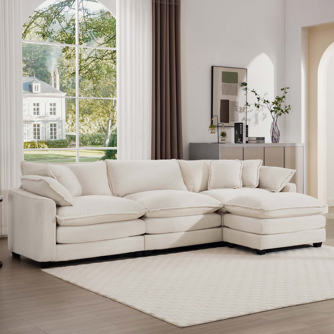 Sectional Sofa Modular Deep Seat 3 Seat Sofa Couch With Ottoman,Comfy Upholstered Furniture For Living Room,Light Beige Corduroy Sofa Beige Corduroy 3 Seat