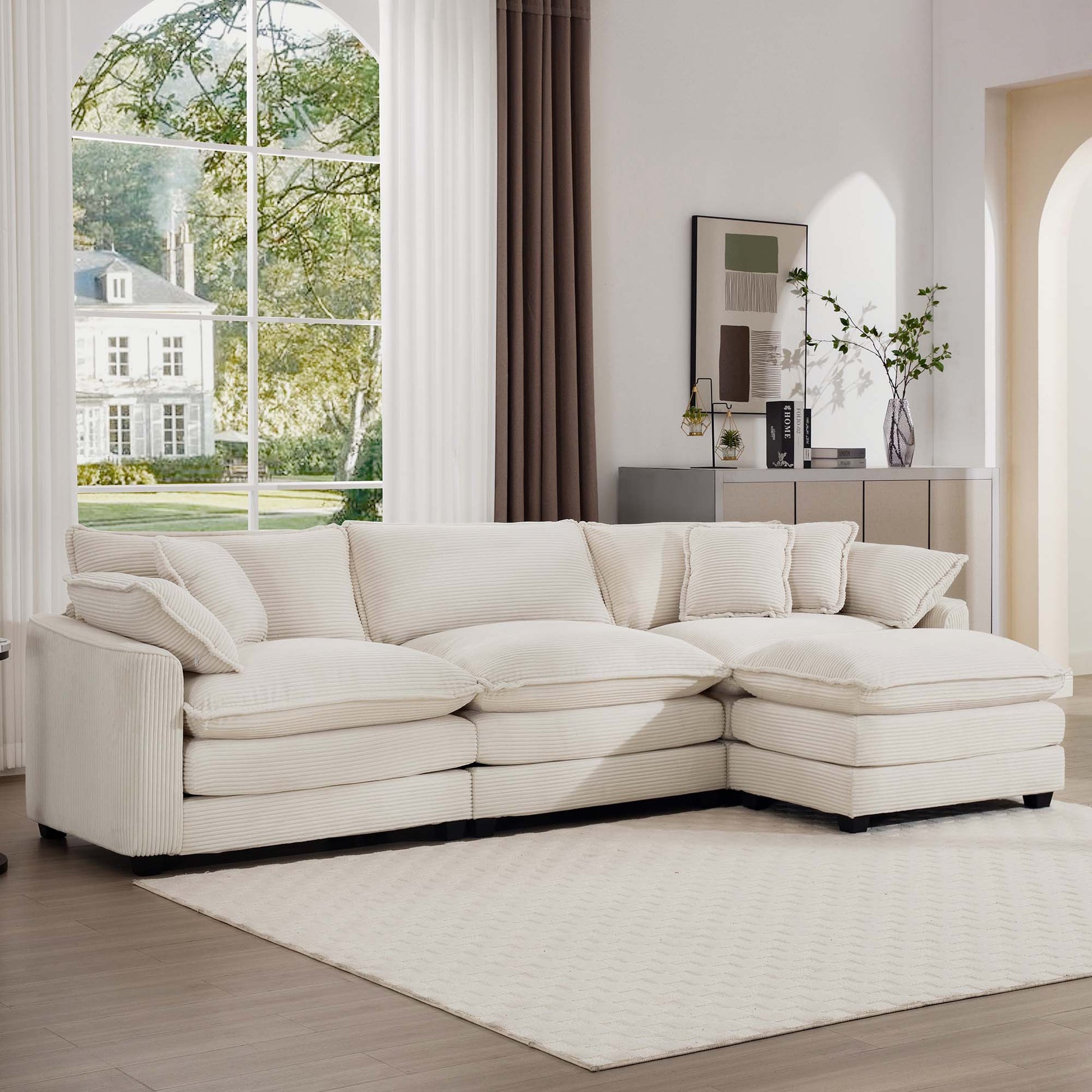 Sectional Sofa Modular Deep Seat 3 Seat Sofa Couch With Ottoman,Comfy Upholstered Furniture For Living Room,Light Beige Corduroy Sofa Beige Corduroy 3 Seat