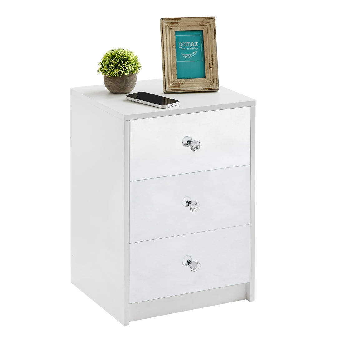 3 Drawer Nightstand For Bedroom, Modern Wood And Mirrored Nightstand, Square Bedside Glass End Table With Storage For Bedroom Room, Sofa, White Chest White Particle Board