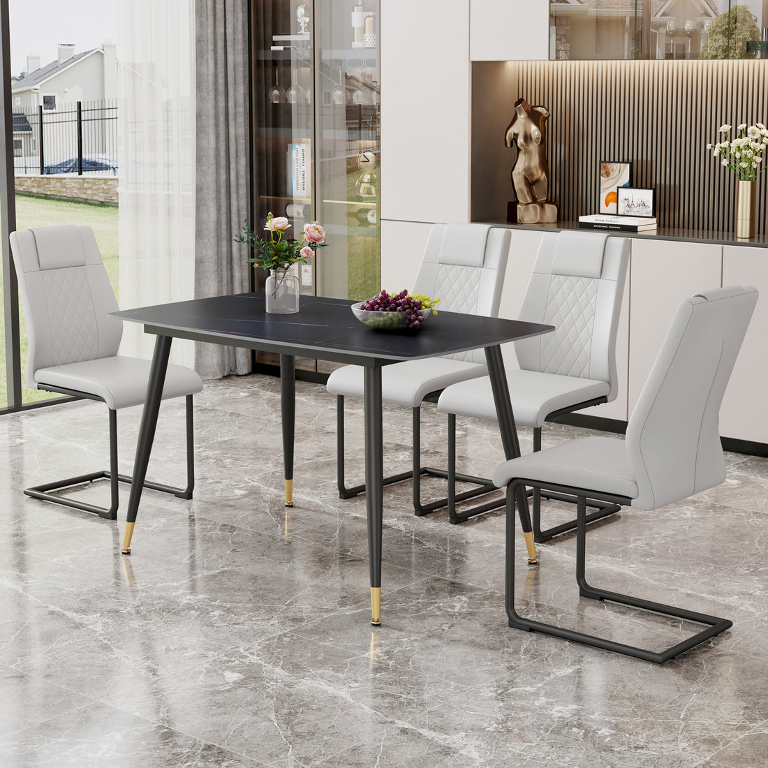 Table And Chair Set. Large Modern Rectangular Table With Black Textured Top And Black Metal Legs. Soft And Comfortable Pu Seats, Faux Leather Upholstered Seats And Sturdy Metal Legs. Grey Black Seats 4 Sintered Stone