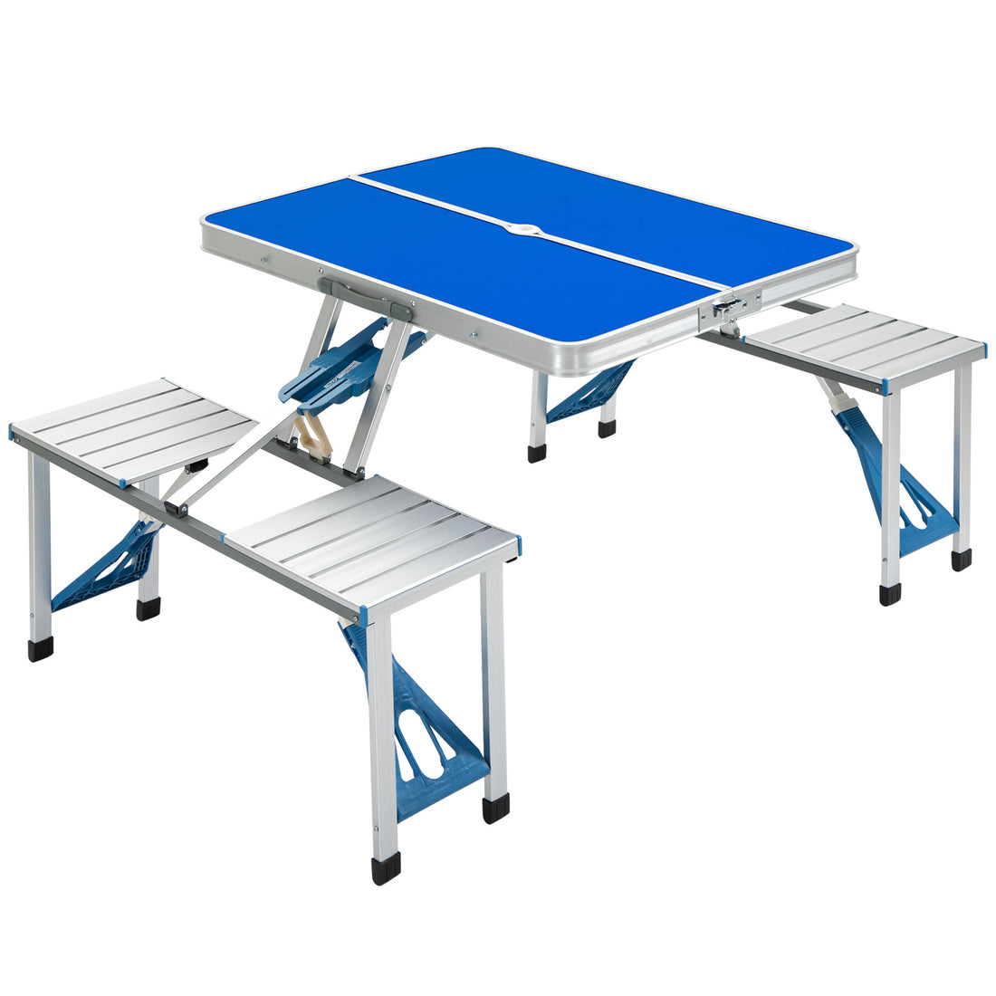 Outsunny Folding Picnic Table With Umbrella Hole, Aluminum Suitcase Portable Outdoor Table With Bench, Patio, Porch Or Camping Table And Chair Set, Ocean Blue Blue Mdf