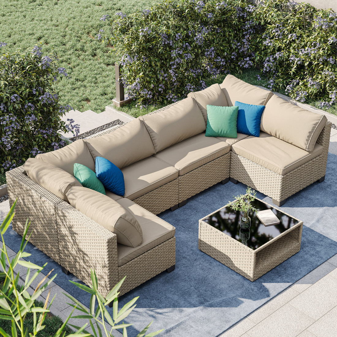 8 Piece Patio Furniture Set, All Weather Boho Outdoor Conversation Set Sectional Sofa With Water Resistant Grey Thick Cushions Light Khaki Beige Metal