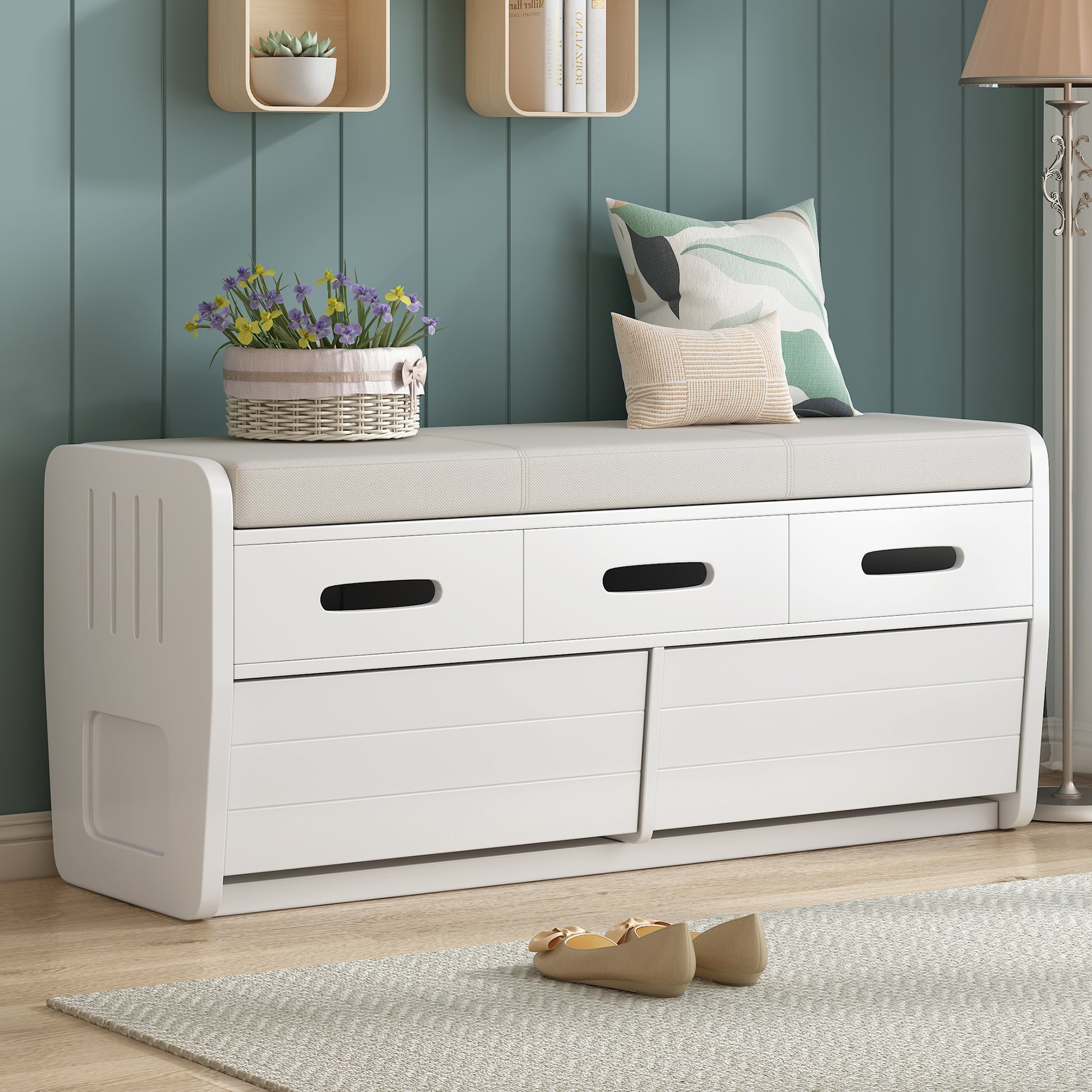 Rustic Storage Bench With 2 Drawers, Hidden Storage Space, And 3 False Drawers At The Top, Shoe Bench For Living Room, Entryway White White Mdf Acacia