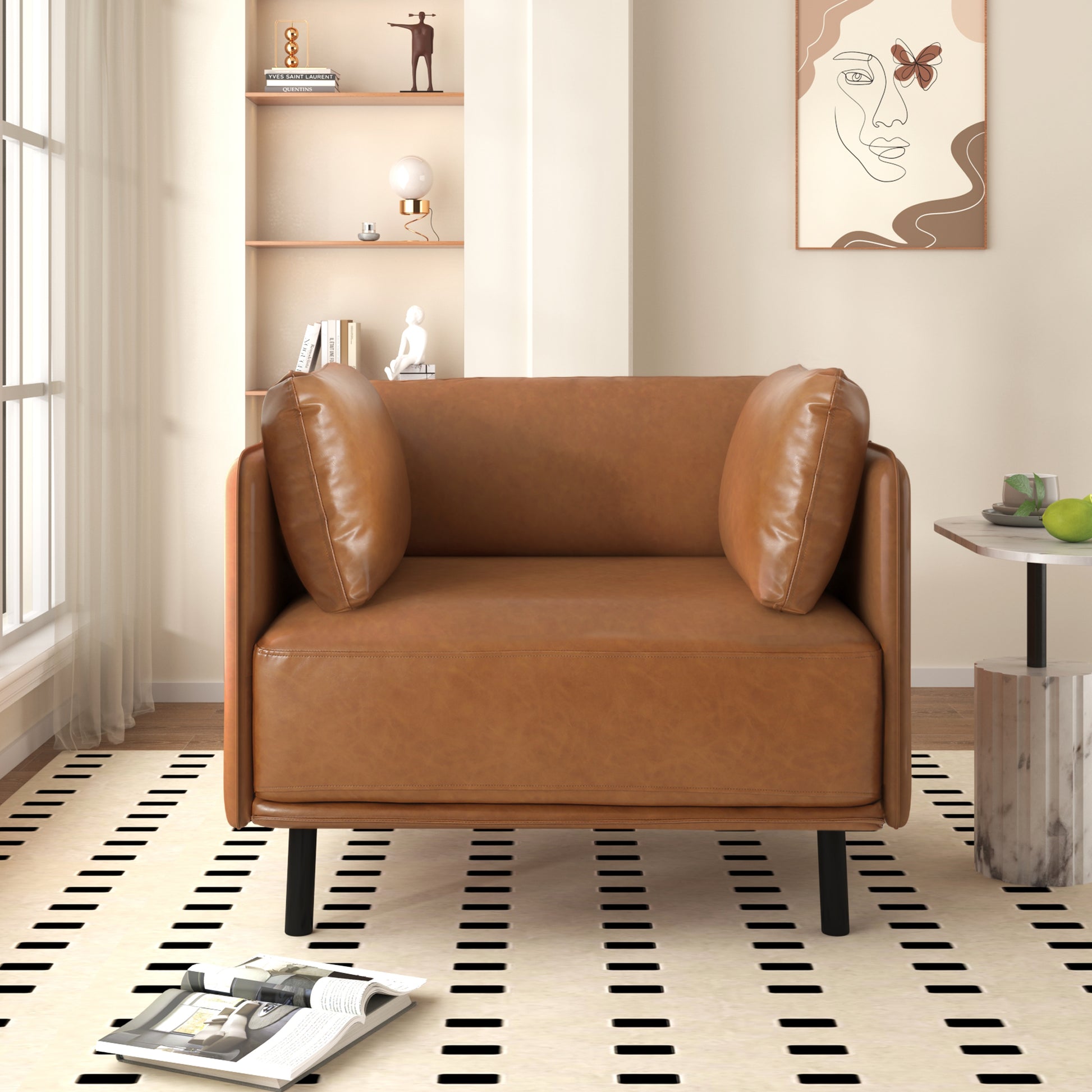39" Vintage Brown Faux Leather Lounge Chair With Polyester And Pu Leather Upholstery, Solid Wood Frame And Steel Legs, Perfect For Living Room, Bedroom, Or Office Brown Polyester,Pu Leather,Solid