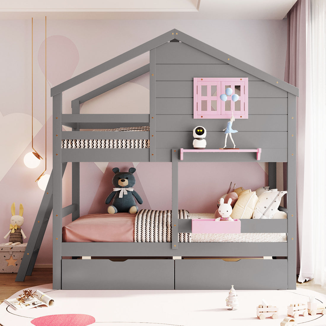 Twin Over Twin Bunk Bed With 2 Drawers, 1 Storage Box, 1 Shelf, Window And Roof Gray Old Sku:Lt001608Aae Twin Gray Solid Wood