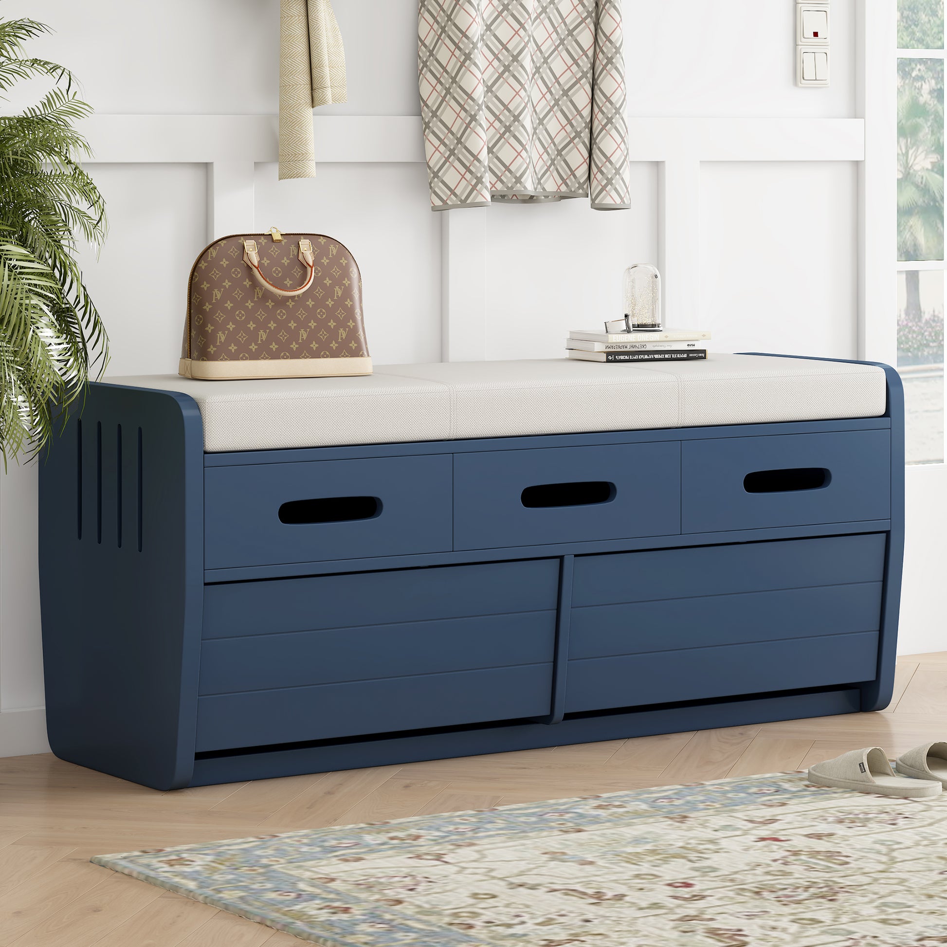 Rustic Storage Bench With 2 Drawers, Hidden Storage Space, And 3 False Drawers At The Top, Shoe Bench For Living Room, Entryway Navy Navy Mdf Acacia