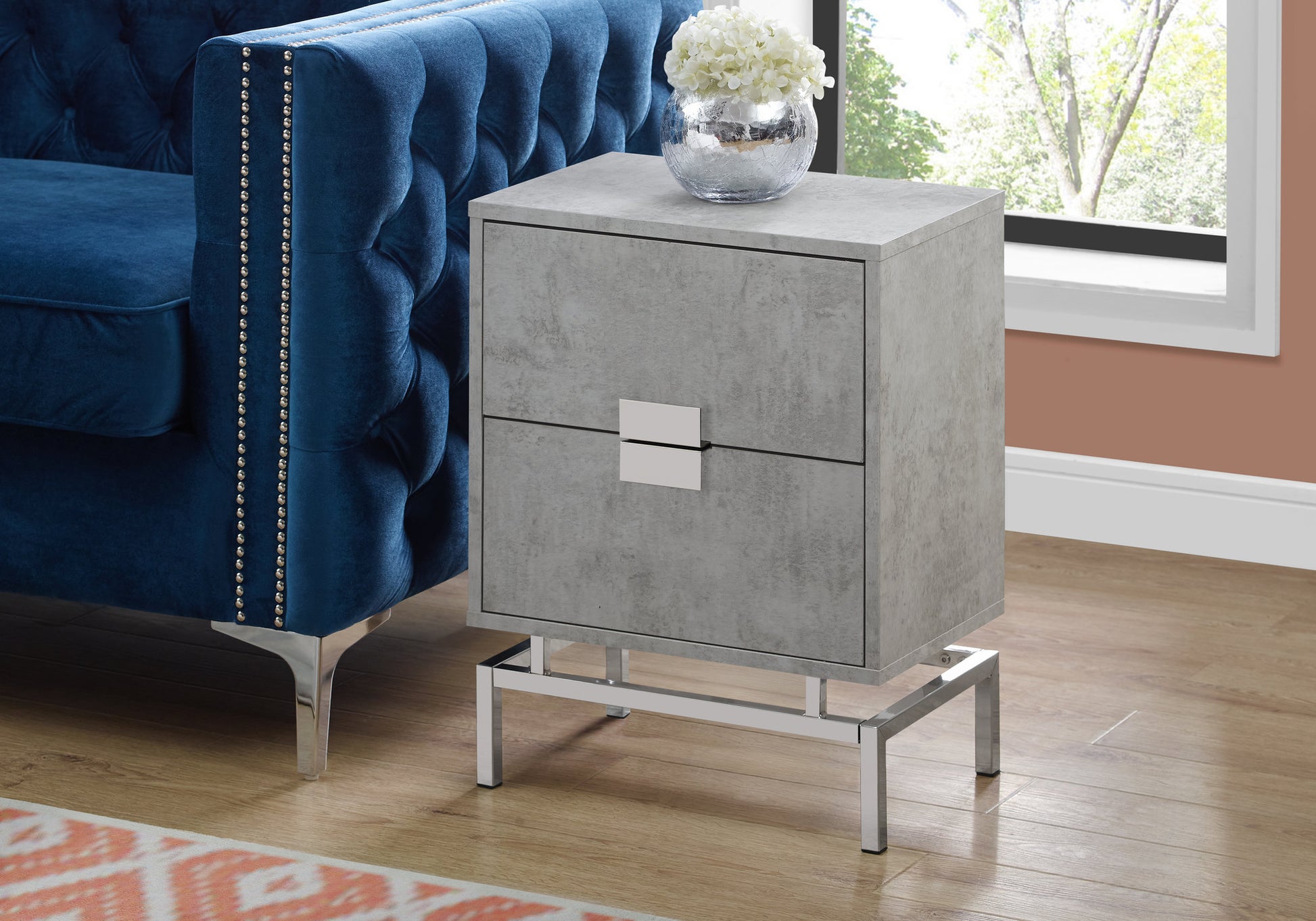 Accent Table, Side, End, Nightstand, Lamp, Storage Drawer, Living Room, Bedroom, Grey Laminate, Chrome Metal, Contemporary, Modern Grey Particle Board