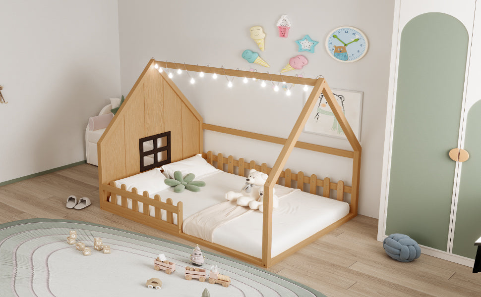 Full Size Wood House Bed With Window And Fence, Natural Old Sku: Wf304147Aa Box Spring Not Required Full Natural Wood Bedroom Pine Bed Frame Solid Wood Mdf