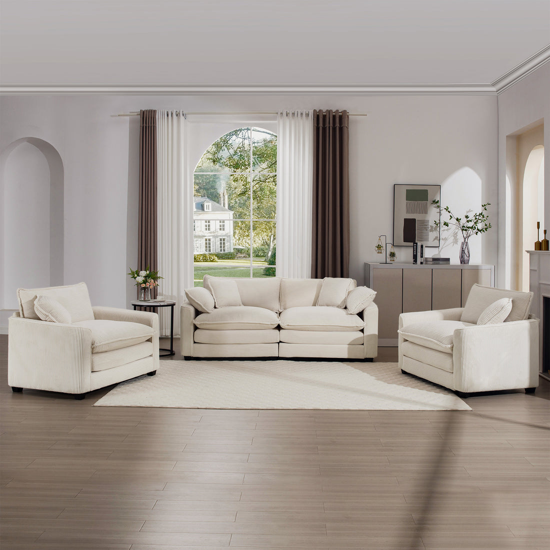 Warm And Cozy Sofa Set With Soft Cushions And Pillows, Home Theater Style Sofa Set Consisting Of One 2 Seater Sofas And Two Single Sofa In Light Beige Corduroy Fabric Beige Corduroy 4 Seat