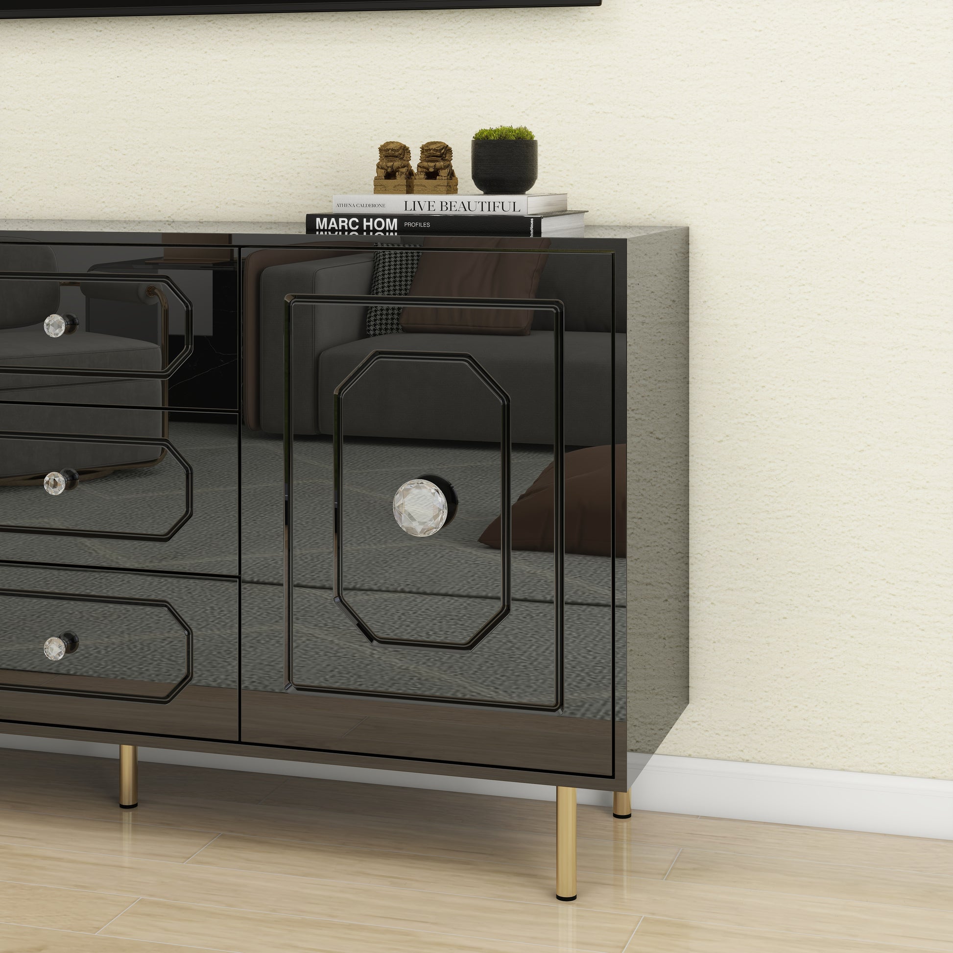 59" 2 Door 3 Drawers Wood Black High Gloss Finish Sideboard Black Dining Room Minimalist,Modern Soft Close Doors Mdf