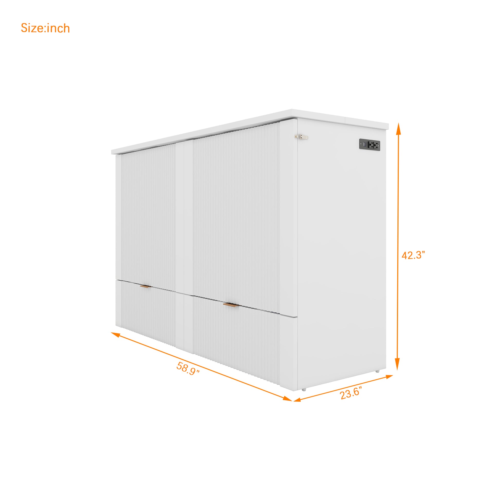 Full Size Murphy Bed With Drawer And A Set Of Sockets & Usb Ports, Pulley Structure Design, White Full White Plywood