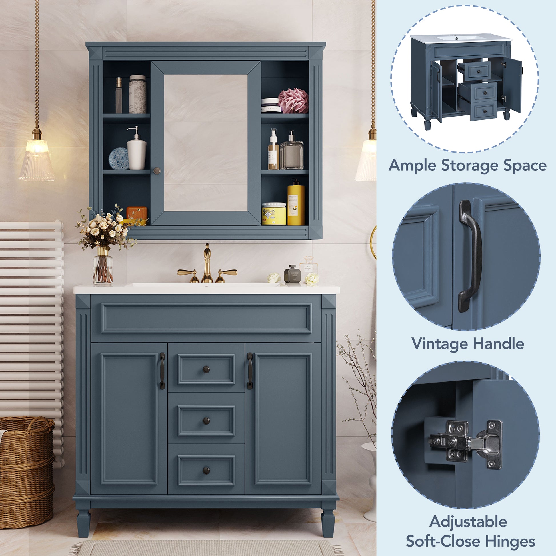 36'' Bathroom Vanity With Top Sink, Modern Bathroom Storage Cabinet With 2 Soft Closing Doors And 2 Drawers, Single Sink Bathroom Vanity Blue Bathroom Modern Solid Wood Mdf Ceramic,Solid Wood Mdf