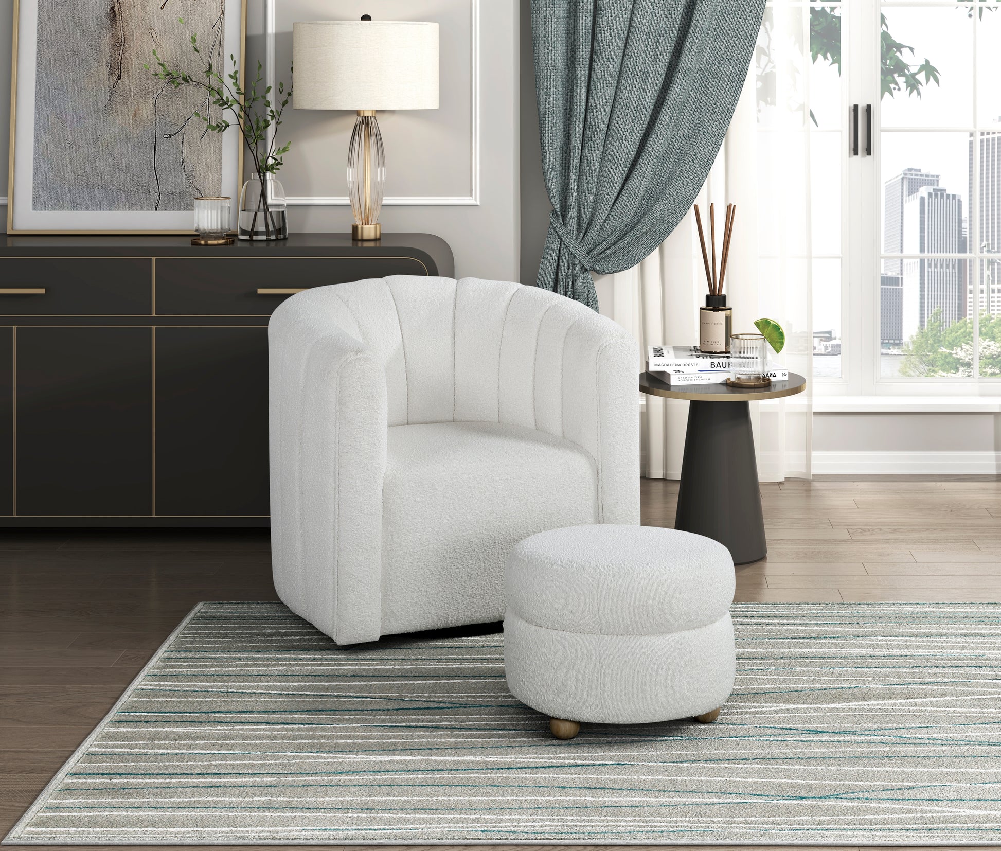 Modern Contemporary Swivel Chair With Ottoman White Boucle Fabric Upholstery Solid Wood Living Room Furniture White Primary Living Space Contemporary,Modern Plywood,Solid Wood