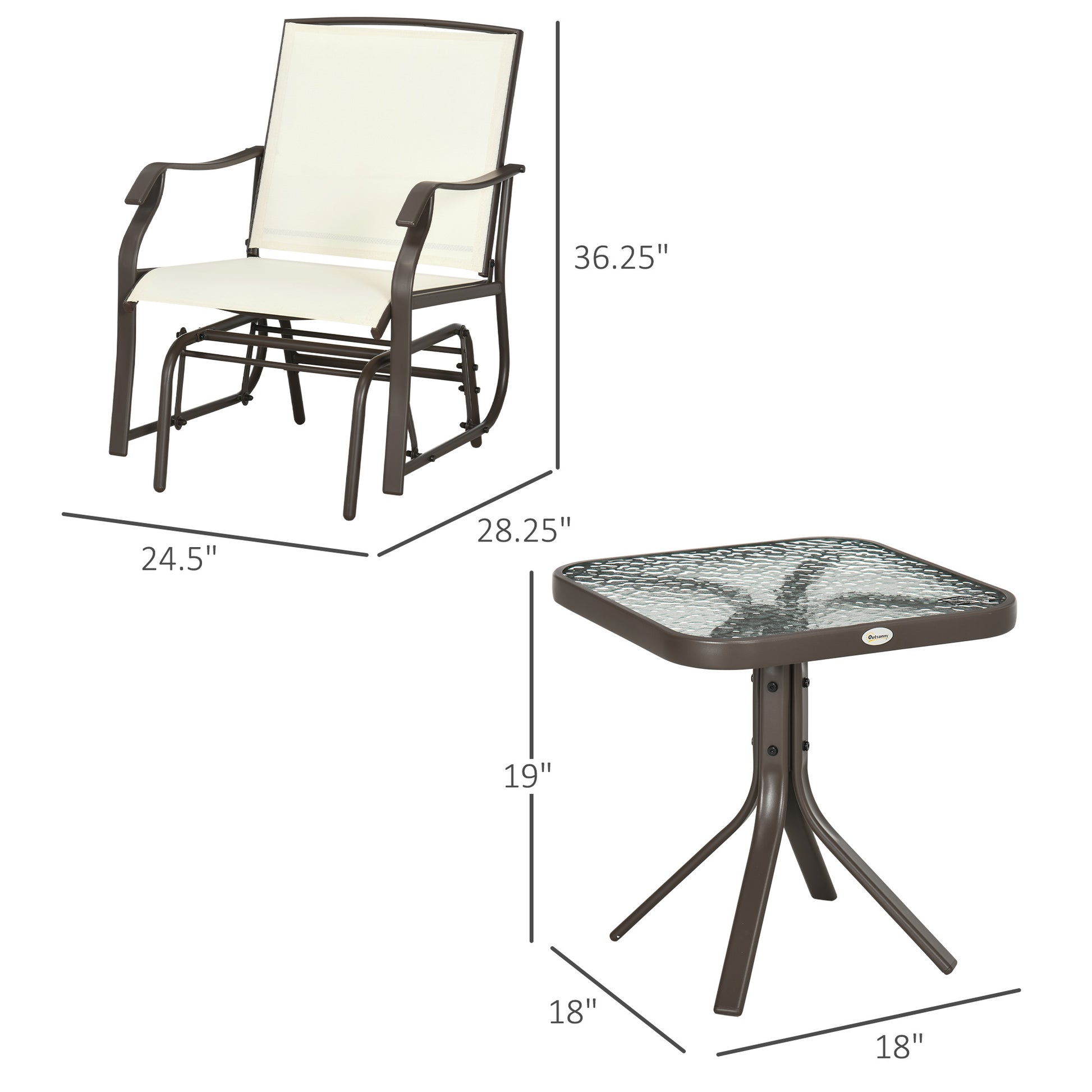 Outsunny 3 Piece Outdoor Glider Chair With Coffee Table Bistro Set, 2 Patio Rocking Swing Chairs Withsling Fabric, Glass Tabletop, For Backyard, Garden And Porch, Cream White Cream White Fabric Metal