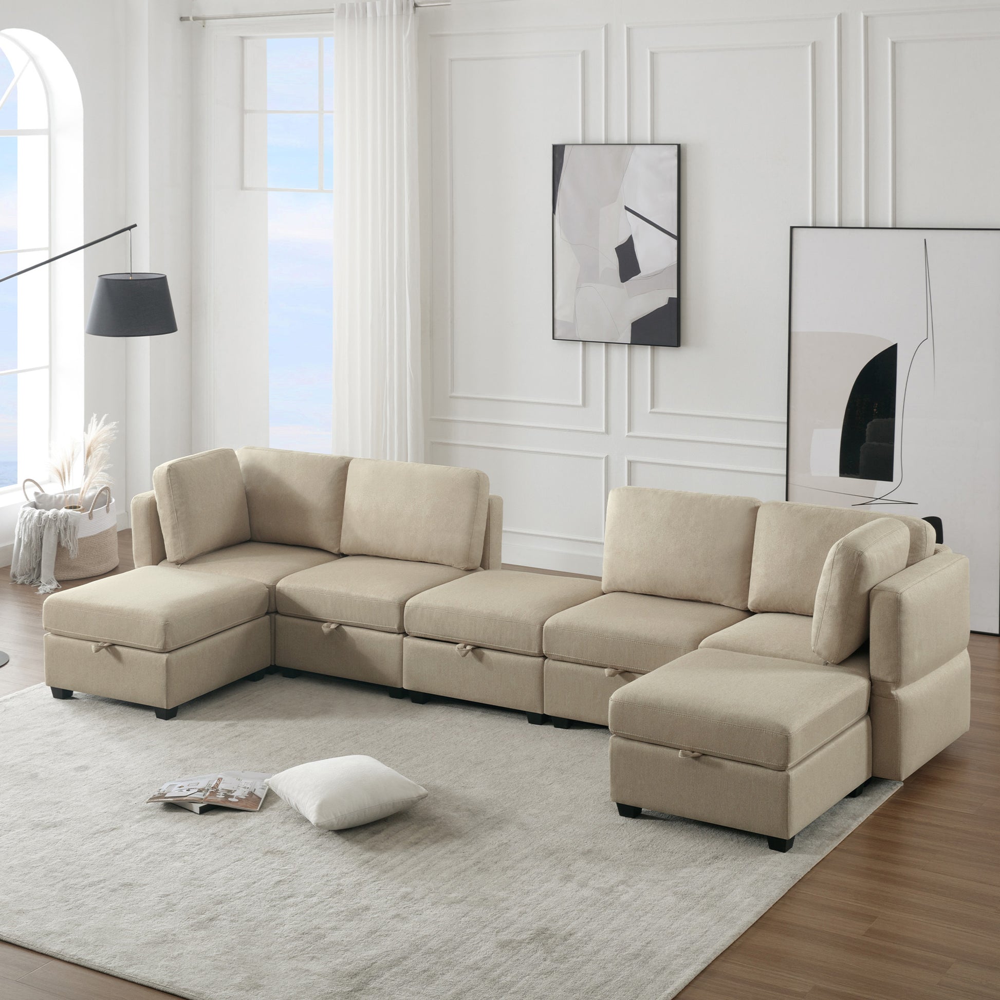 Modular Sectional Sofa U Shaped Sectional Couch With Ottoman, 7 Seat Modular Sofa With Chaise For Living Room, Adjustable Arms And Backs Beige Beige Polyester 4 Seat