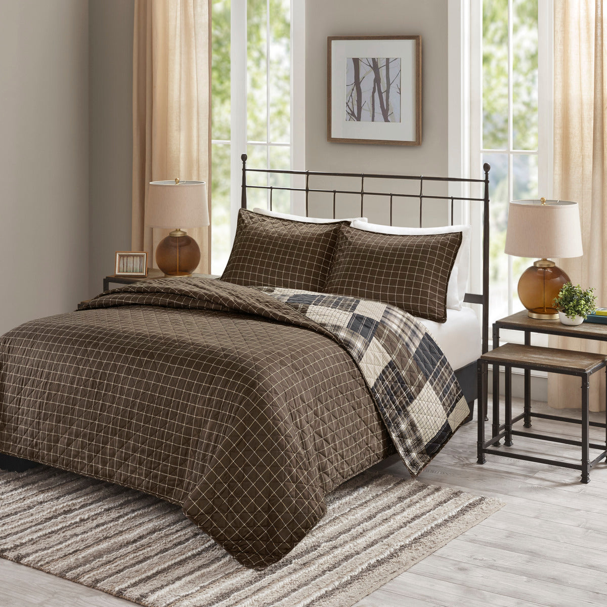 3 Piece Reversible Printed Quilt Set Black Brown King Cal King Black Brown Microfiber