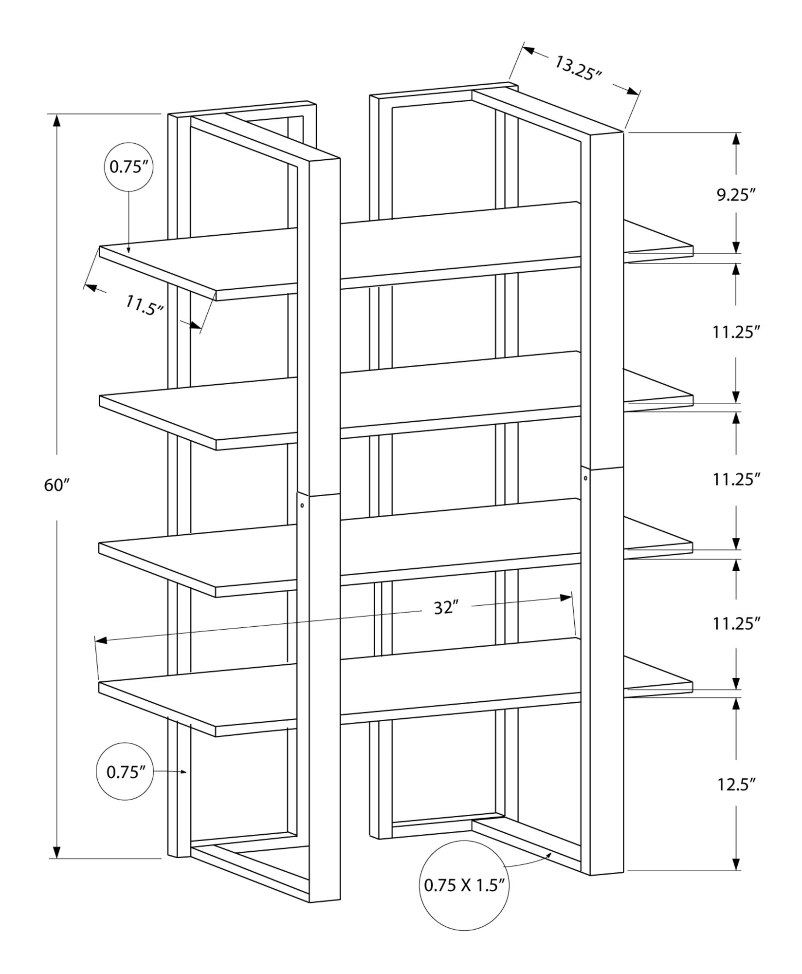 Bookshelf, Bookcase, Etagere, 4 Tier, 60"H, Office, Bedroom, Brown Laminate, Grey Metal, Contemporary, Modern Espresso Mdf