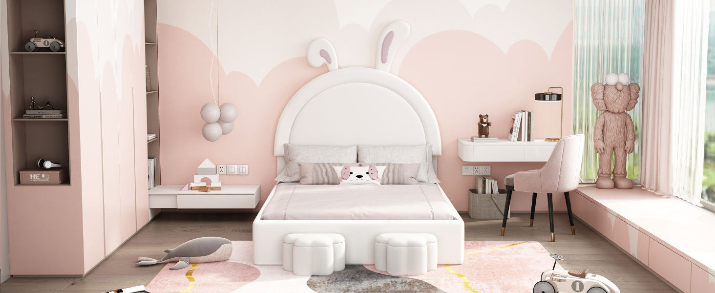 Full Size Upholstered Rabbit Shape Bed With 2 Storage Stools, Velvet Platform Bed With Cartoon Ears Shaped Headboard, White Full White Wood