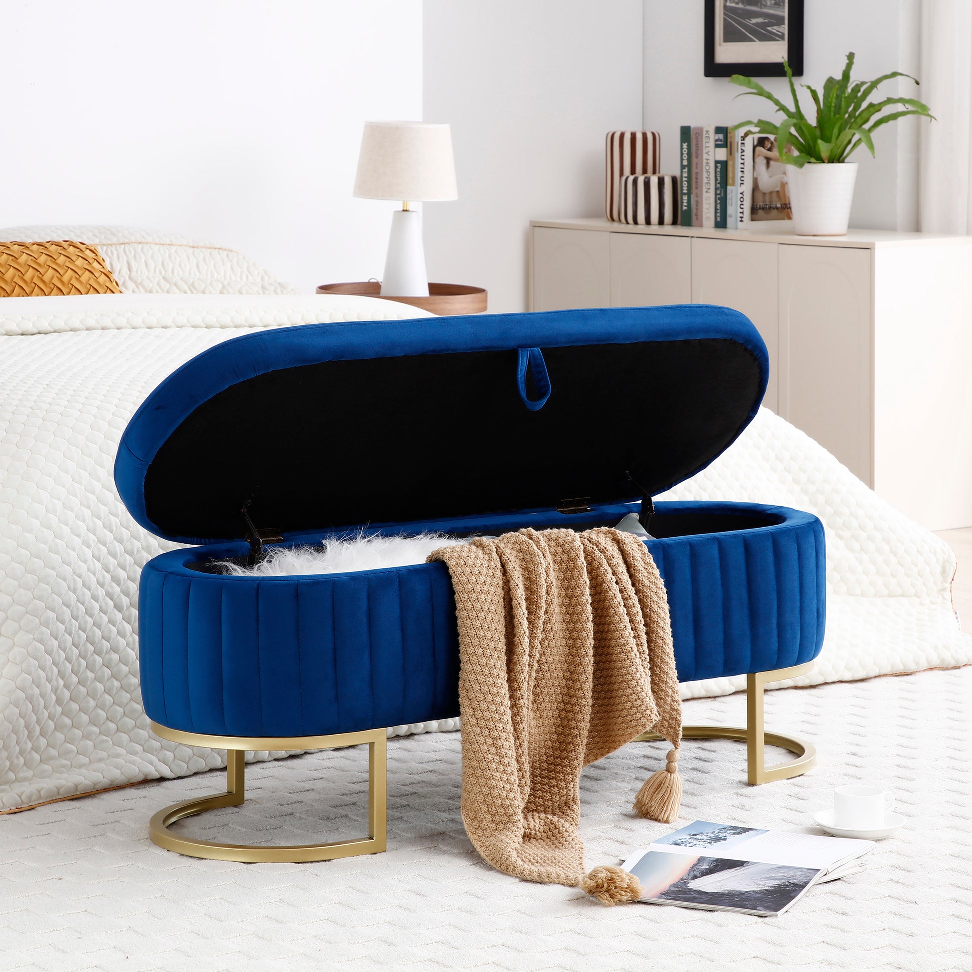 Storage Bench Bedroom Bench, Velvet Oval Upholstered End Of Bed Bench With Golden Metal Legs,50"Modern Storage Ottoman Bench For Bedroom, Living Room,Entryway,Window, Blue Blue Velvet