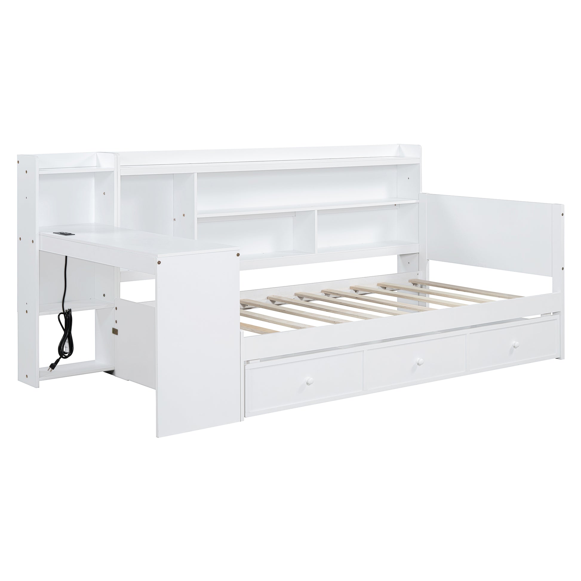 Twin Size Wooden Daybed With 3 Drawers, Usb Ports And Deskwhite Twin White Wood