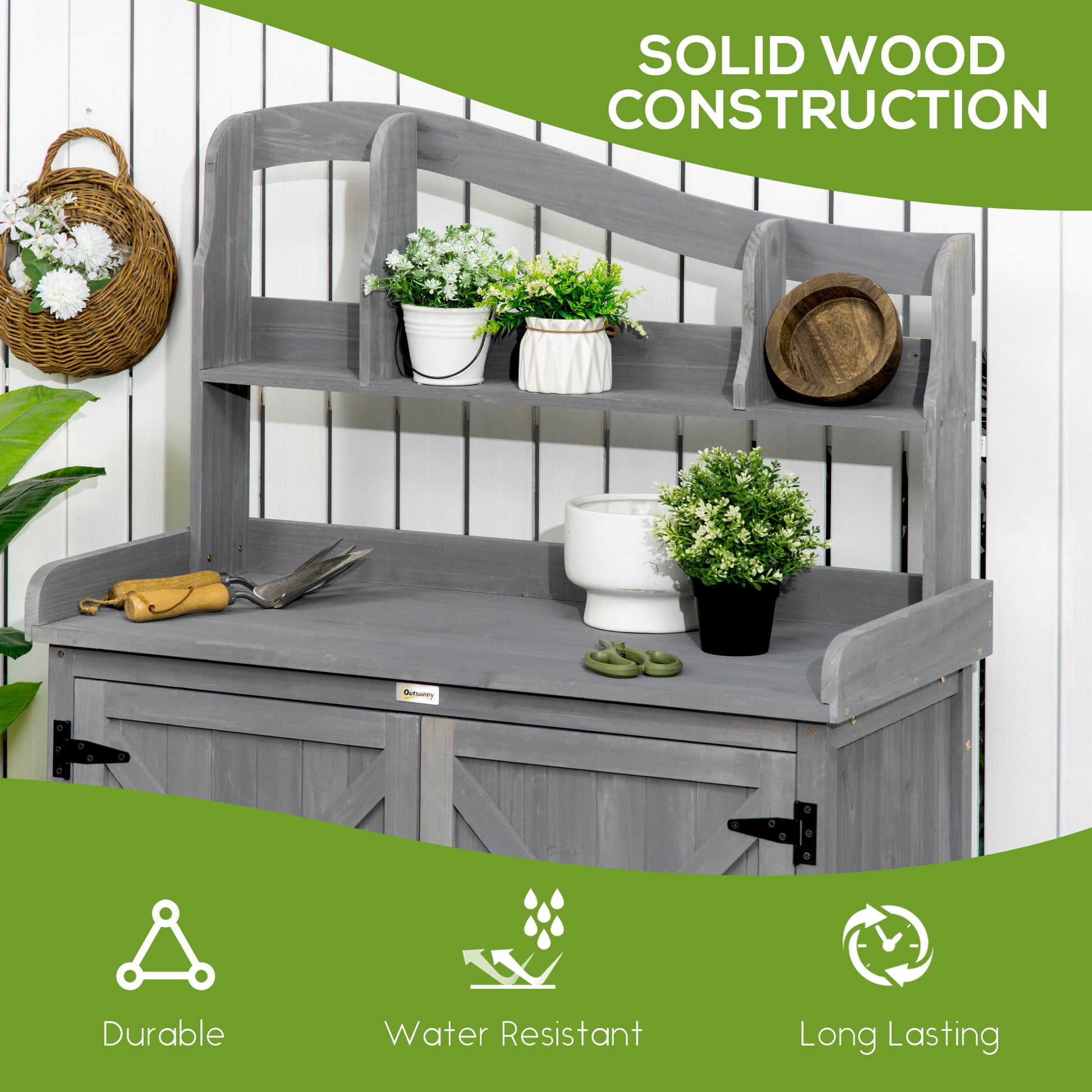 Outsunny Potting Bench Table, Outdoor Storage Cabinet, Multi Function Gardening Bench, Wooden Planting Workstation With Magnetic Doors, For Yard Tools Or Pool Accessories, Gray Dark Grey Wood