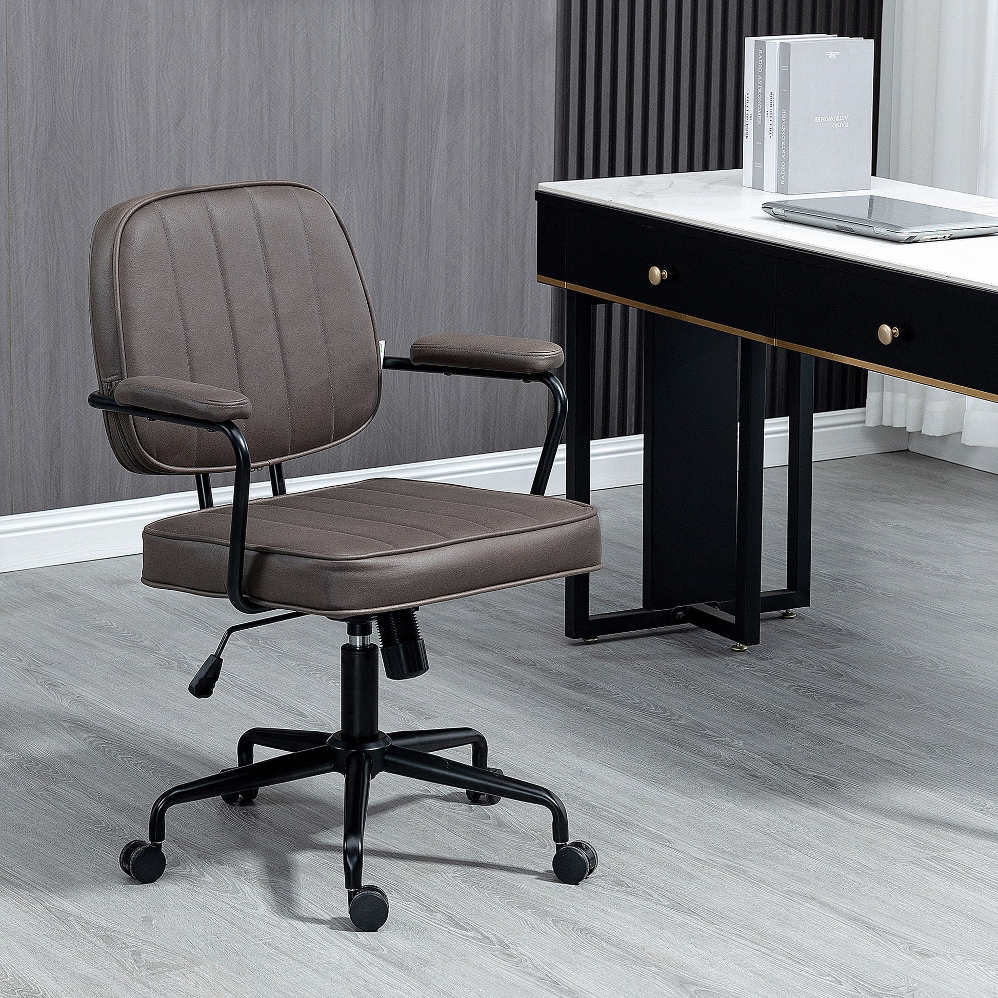 Vinsetto Home Office Chair, Microfiber Computer Desk Chair With Swivel Wheels, Adjustable Height, And Tilt Function, Light Brown Brown Polyester