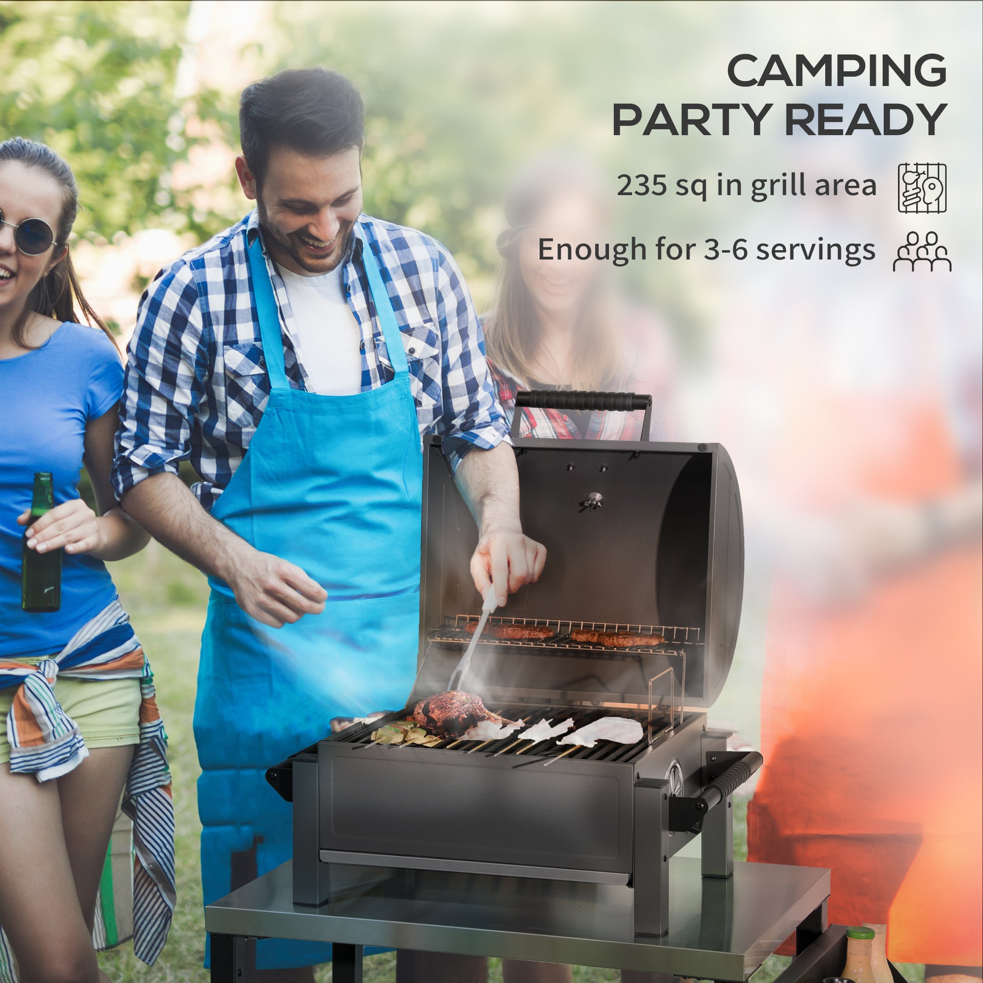 Outsunny Charcoal Bbq Grill With 235 Sq.In. Cooking Area, Tabletop Outdoor Barbecue With Ash Catcher And Built In Thermometer For Patio, Backyard, Camping, Picnic, Black Black Steel