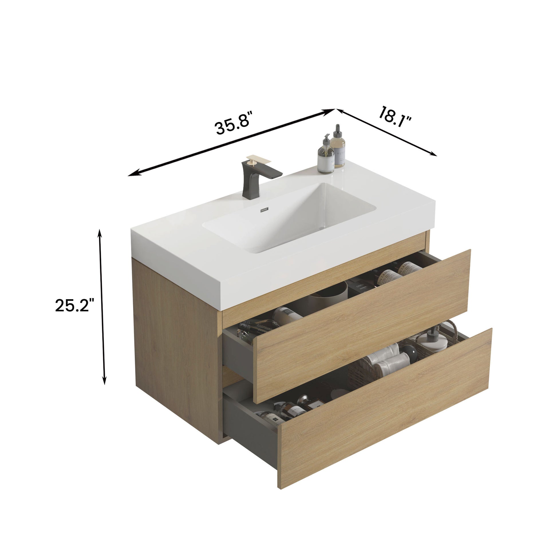 U042 Alice36 106 Alice 36" Oak Bathroom Vanity With Black Sink, Large Storage Wall Mounted Floating Bathroom Vanity For Modern Bathroom, One Piece Black Sink Basin Without Drain, Pre Assembled Oak Melamine