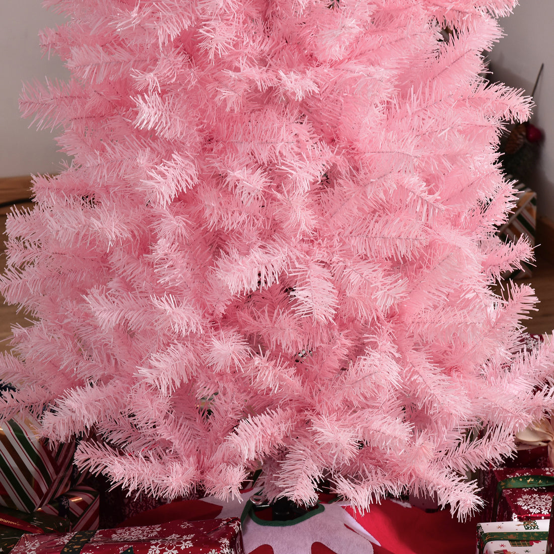 Homcom 7' Tall Unlit Slim Douglas Fir Artificial Christmas Tree With 818 Realistic Branch Tips, Pink Pink Plastic