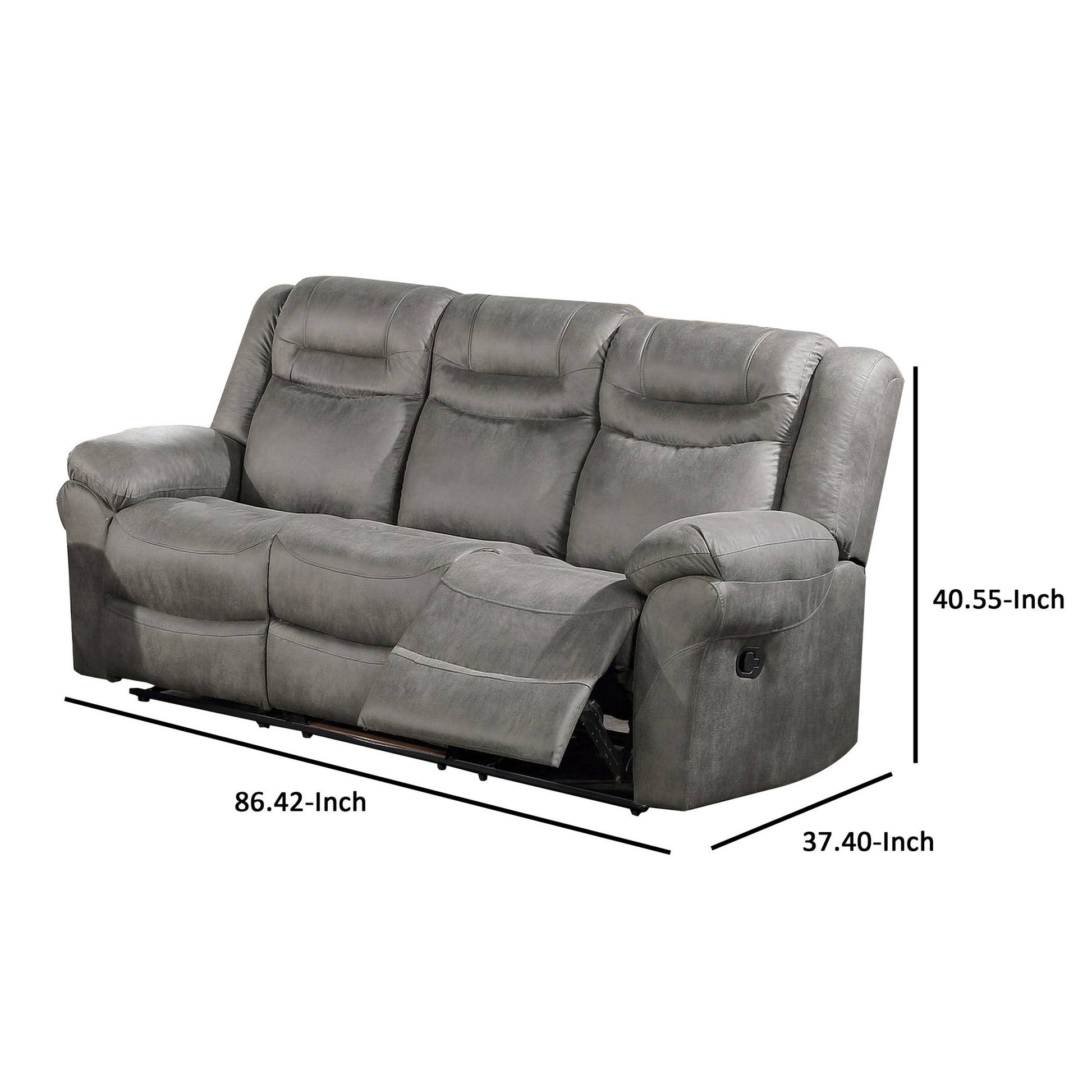 Betty 86 Inch Manual Reclining Sofa, Pull Tab Footrest Mechanism, Gray Gray Faux Leather 3 Seat