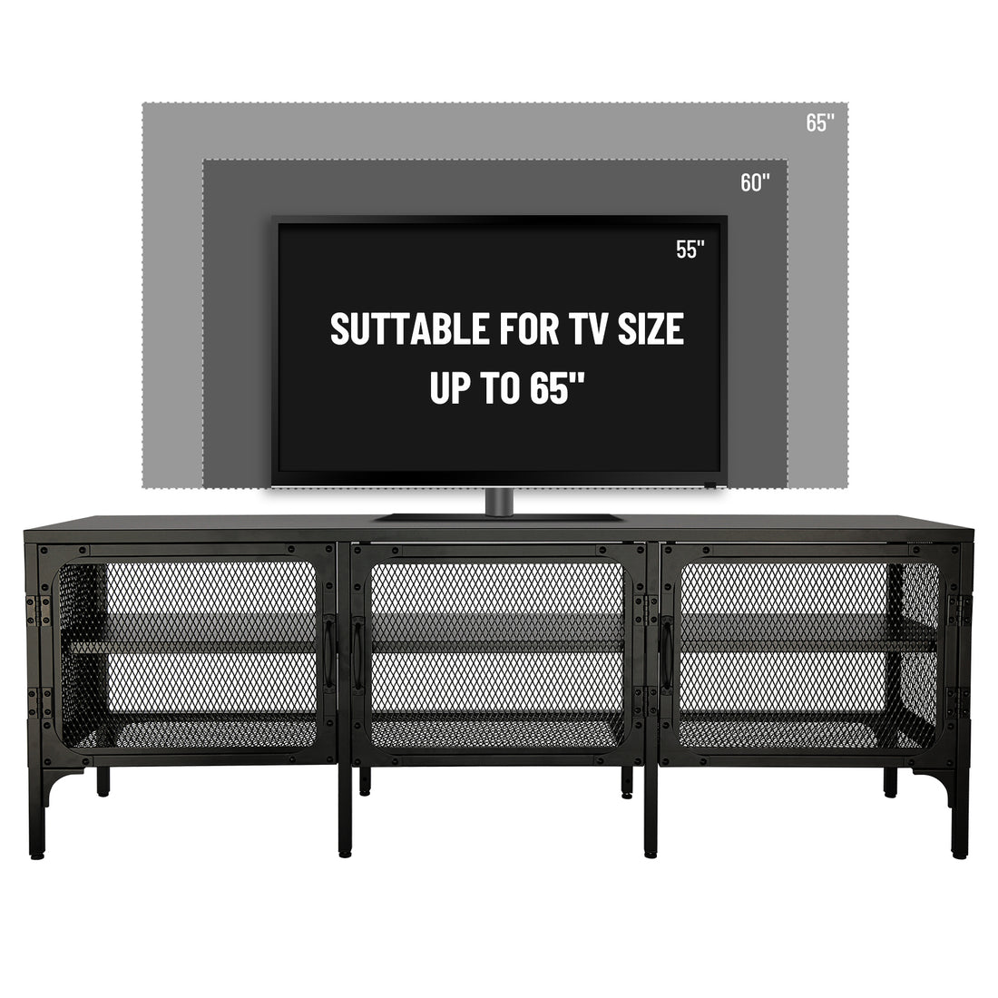 Metal Tv Stand Entertainment Center Cabinet Tv Console Table With 3 Metal Mesh Doors 2 Tier Storage Shelves For Living Room Frosted Black Black 50 59 Inches Steel