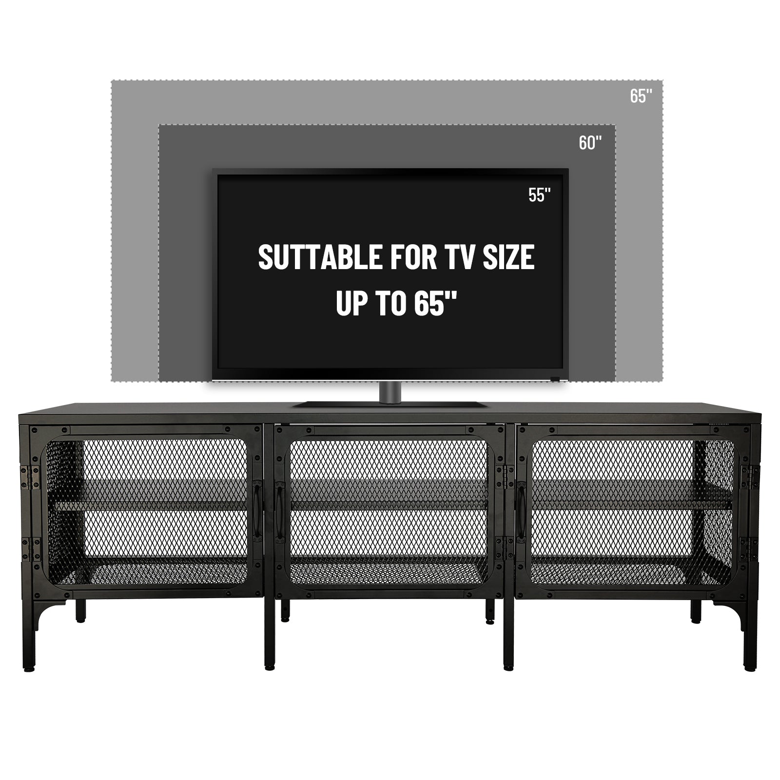 Metal Tv Stand Entertainment Center Cabinet Tv Console Table With 3 Metal Mesh Doors 2 Tier Storage Shelves For Living Room Frosted Black Black 50 59 Inches Steel