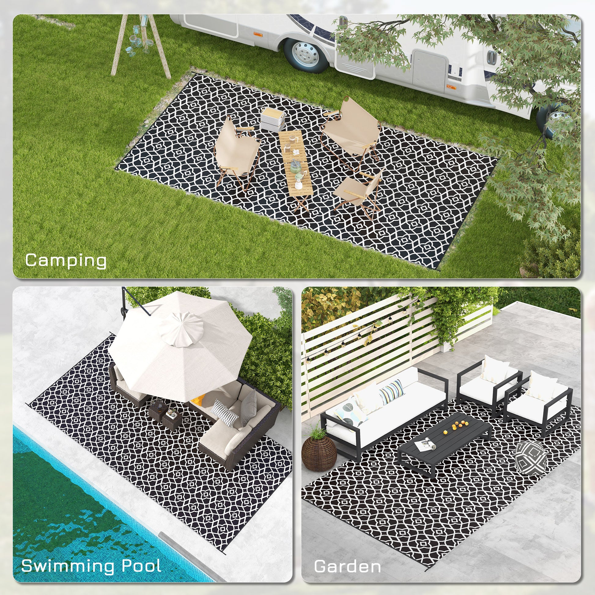 Outsunny Reversible Outdoor Rug, 9' X 18' Waterproof Plastic Straw Floor Mat, Portable Rv Camping Carpet With Carry Bag, Large Floor Mat For Backyard, Deck, Picnic, Beach, Black & White Cr Multicolor Polypropylene