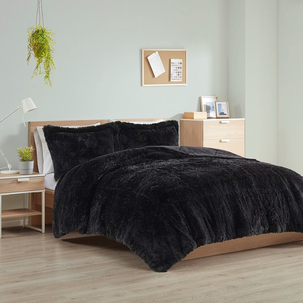 Shaggy Long Fur Comforter Mini Set Twin Black Polyester