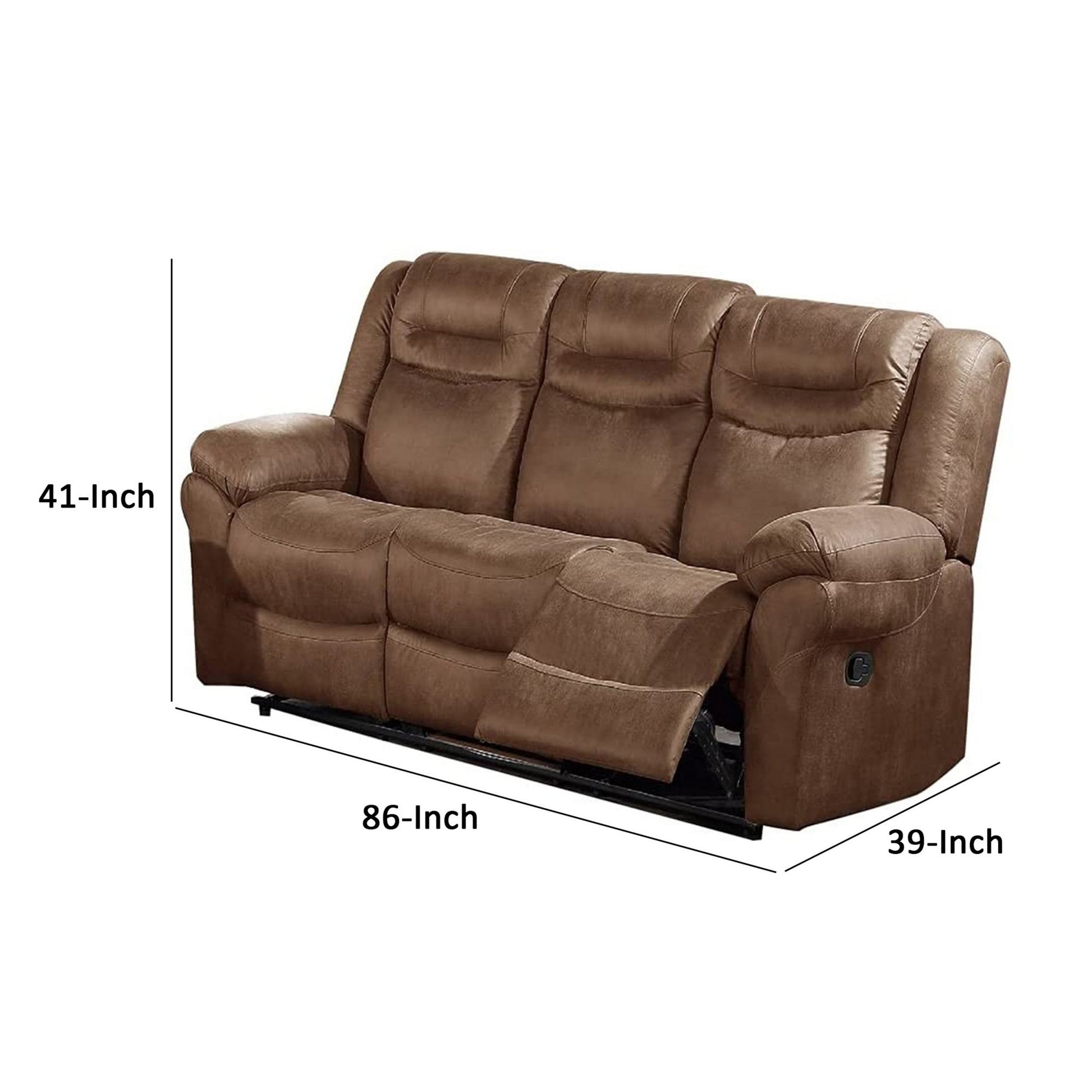 Betty 86 Inch Manual Reclining Sofa, Pull Tab Footrest Mechanism, Brown Brown Faux Leather