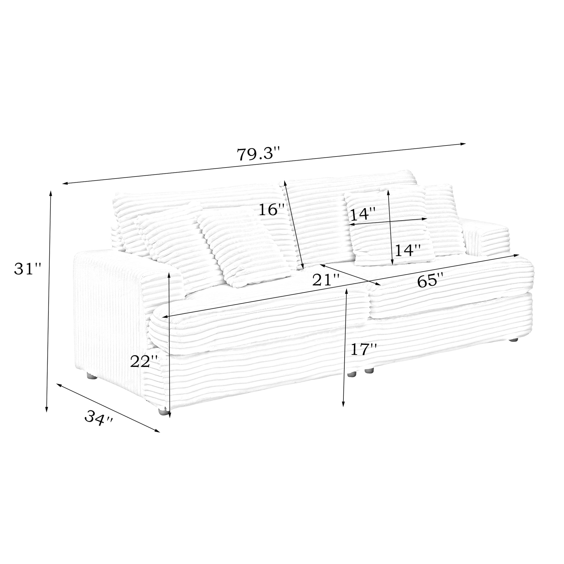 79.3Nch Corduroy Sofa With 4 Matching Toss Pillows Sleek Design Spacious And Comfortable 3 Seater Couch For Modern Living Room,Gray Gray Corduroy 3 Seat