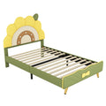 Twin Size Upholstered Platform Bed With Sunflower Shaped Headboard, Green Box Spring Not Required Twin Green Wood Bedroom Bed Frame Faux Leather Upholstered