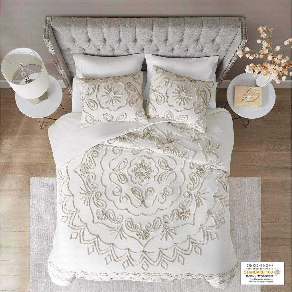 3 Piece Tufted Cotton Chenille Duvet Cover Set King Ivory Taupe Cotton