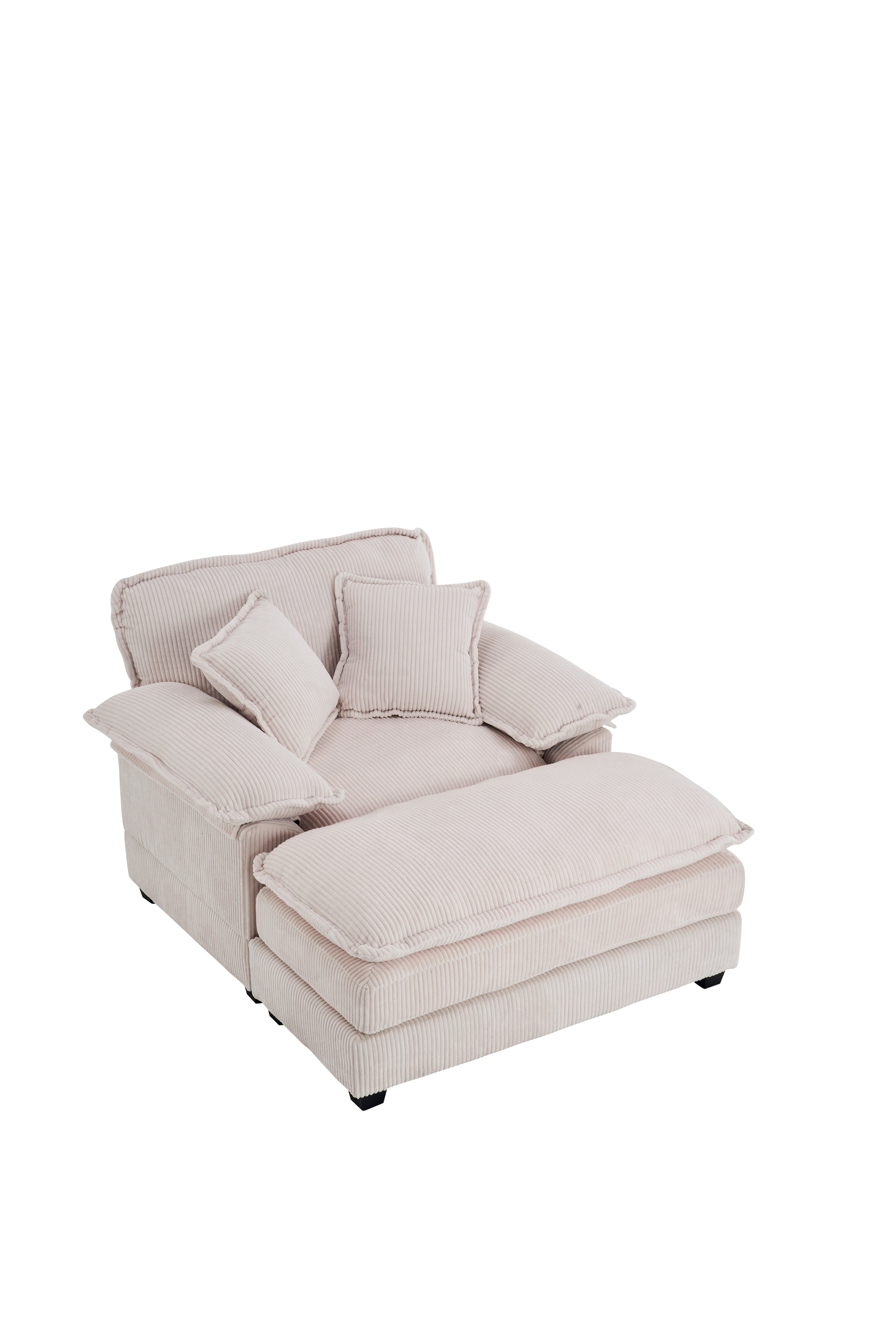 56.3 Inch Corduroy Single Sofa With 2 Toss Pillows And A Ottoman ,Comfy Sofa Deep Seat Couch For Living Room White Foam 1 Seat